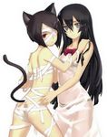  animal_ears ar_tonelico ar_tonelico_iii ass bandage_over_one_eye bandages bangs bare_shoulders black_bra black_hair black_panties bra breasts cat_ears cat_tail dress filament green_eyes hair_between_eyes hair_ornament hairclip hand_on_another's_shoulder highres jpeg_artifacts long_hair multiple_girls nagi_ryou naked_bandage panties parted_bangs red_eyes scan scan_artifacts see-through see-through_silhouette short_hair simple_background small_breasts soma tail underwear wet wet_clothes wet_dress white_background white_dress 