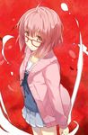  ahoge bad_id bad_pixiv_id blush bob_cut cardigan cccpo glasses kuriyama_mirai kyoukai_no_kanata no_legwear red-framed_eyewear red_background school_uniform serafuku short_hair simple_background skirt solo yellow_eyes 