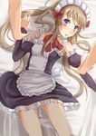  1girl blush brown_hair elf frills long_hair looking_at_viewer maid maid_headdress myucel_foalan myucel_foaran okosan_(pixiv) on_bed outbreak_company pointy_ears purple_eyes twintails 