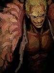  1boy blonde_hair dark dark_background donquixote_doflamingo feathers male male_focus matsubaki one_piece open_clothes open_shirt portrait shichibukai shirt solo sunglasses 