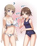  ? blue_eyes blush bra braid breast_awe breasts brown_eyes brown_hair cameltoe highres large_breasts long_hair lynette_bishop miyafuji_yoshika multiple_girls nanjyolno one-piece_swimsuit open_mouth panties polka_dot polka_dot_background school_swimsuit short_hair strike_witches swimsuit translated underwear underwear_only white_bra white_panties world_witches_series 