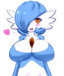  alternate_color bangs blue_hair blush breasts cleavage gardevoir gen_3_pokemon hair_over_one_eye heart jcdr large_breasts no_humans open_mouth orange_eyes pokemon pokemon_(creature) shiny_pokemon sidelocks simple_background smile solo spoken_heart upper_body white_background 