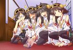  4girls :3 ? black_hair blush_stickers brown_hair censored chestnut_mouth closed_eyes commentary detached_sleeves glasses hairband haruna_(kantai_collection) hiei_(kantai_collection) japanese_clothes kantai_collection kirishima_(kantai_collection) kongou_(kantai_collection) magazine mosaic_censoring multiple_girls open_mouth pantyhose pornography squatting thighhighs wide_sleeves yamanashi_kaname 