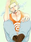 1boy blonde_hair cigar goggles male male_focus on_head one_piece paulie sitting smoking solo tank_top target water_7 