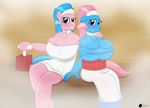  2_girls anthro anthrofied big_breasts blue_eyes blue_fur blue_hair blush bomb breast_squish breasts chest_tuft cleavage clothed clothing collar covering detonator duo dynamite equine female friendship_is_magic fur hair headband hi_res horse huge_breasts looking_at_viewer lotus_(mlp) mammal my_little_pony pink_fur pink_hair pony ponyboom sauna sibling sitting smile steam_room suicidal tnt topless towel tuft twins 