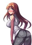  ass bare_shoulders breasts brown_eyes brown_hair large_breasts leaning_forward long_hair looking_at_viewer looking_back original saiste shadow simple_background smile solo 