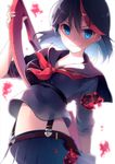  &gt;:) black_hair blood blue_eyes hase_neet kill_la_kill matoi_ryuuko multicolored_hair navel school_uniform scissor_blade senketsu serafuku short_hair smile solo suspenders two-tone_hair v-shaped_eyebrows 