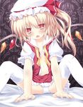  ascot blonde_hair blush flandre_scarlet hair_ribbon hat hat_ribbon highres mo-a-i navel on_bed open_clothes open_mouth open_shirt panties pantyshot petite red_eyes ribbon shirt side_ponytail skirt skirt_set solo spread_legs thighhighs touhou underwear white_legwear white_panties 