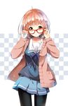  adjusting_eyewear ahoge bandages black_legwear blush bob_cut brown_hair cardigan checkered checkered_background danzero frown glasses jewelry kuriyama_mirai kyoukai_no_kanata pantyhose red-framed_eyewear ring school_uniform serafuku short_hair skirt solo yellow_eyes 