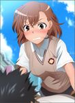  1girl absurdres black_hair blush breasts brown_eyes brown_hair clenched_teeth cloud clouds highres looking_down lying medium_breasts misaka_mikoto school_uniform short_hair skirt sky teeth to_aru_kagaku_no_railgun to_aru_majutsu_no_index yadokari_genpachirou 