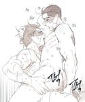  2boys anal arched_back arm_support ass blush dimples_of_venus facial_hair golden_kamuy greyscale hair_pull licking looking_at_another monochrome multiple_boys muscle nipple_licking ogata_hyakunosuke open_mouth scar simple_background sugimoto_saichi sweat t2_(t2ndtsg) tongue tongue_out white_background yaoi 