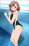  1girl ass bare_shoulders blush breasts brown_eyes brown_hair competition_swimsuit embarrassed highres legs looking_at_viewer misaka_mikoto one-piece_swimsuit pool short_hair small_breasts solo standing swimsuit thighs to_aru_kagaku_no_railgun to_aru_majutsu_no_index water wet yadokari_genpachirou 