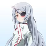  blush eyepatch infinite_stratos laura_bodewig long_hair looking_at_viewer looking_back military military_uniform red_eyes silver_hair solo spiceg uniform 