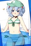  arm_support bikini blue_eyes blue_hair blush front-tie_top hair_bobbles hair_ornament hat kawashiro_nitori looking_at_viewer navel neko_majin partially_submerged pool short_hair side-tie_bikini smile solo striped striped_bikini swimsuit thigh_gap touhou two_side_up 