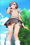  1girl absurdres angry bag blush breasts brown_eyes brown_hair cloud clouds highres legs looking_at_viewer misaka_mikoto open_mouth panties pantyshot school_bag school_uniform short_hair shorts skirt sky small_breasts socks solo standing thighs to_aru_kagaku_no_railgun to_aru_majutsu_no_index tree underwear upshorts upskirt white_panties wind yadokari_genpachirou 