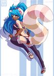  abstract_background blue_hair bow claws digitigrade female fluffy_tail hair hindpaw lapres legwear lingerie long_hair looking_at_viewer looking_back mammal pawpads paws peaches raccoon solo stockings toes 