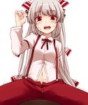  blush bow cowgirl_position fujiwara_no_mokou hair_bow hair_ribbon implied_sex long_hair looking_at_viewer midriff miyo_(ranthath) motion_lines navel open_clothes open_mouth open_shirt pants red_eyes ribbon shirt silver_hair simple_background solo straddling suspenders sweat touhou tress_ribbon very_long_hair white_background 