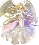  1girl bangs blonde_hair dress feathered_wings feathers fire_emblem fire_emblem:_akatsuki_no_megami fire_emblem_heroes full_body green_eyes hand_up hands_together highres interlocked_fingers leanne long_dress long_hair long_sleeves looking_away nintendo official_art open_mouth puffy_sleeves shiny shiny_hair transparent_background very_long_hair white_dress wide_sleeves wings 