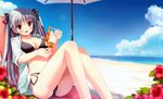  absurdres beach_chair beach_umbrella bikini black_bikini flower food grey_hair highres ice_cream jacket kanekiyo_miwa kurano_kun_chi_no_futago_jijou kurano_tomoka long_hair open_clothes open_jacket red_eyes red_flower ribbon solo swimsuit twintails umbrella 