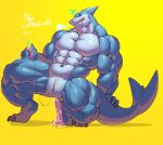  abs barazoku biceps claws crouching cuntboy dildo drooling eyes_closed fin fish intersex looking_pleasured marine muscular muscular_intersex pecs saliva sex_toy shark simple_background slit solo toe_claws vibrator vorusuarts 