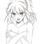 blush braid breasts covering covering_breasts crossed_arms fate/apocrypha fate_(series) french_braid greyscale long_hair monochrome mordred_(fate) mordred_(fate)_(all) nude ponytail scrunchie sketch small_breasts solo tusia 