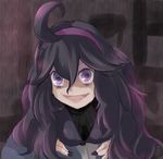  ahoge al_bhed_eyes bad_id bad_pixiv_id bags_under_eyes black_nails breasts fingernails hairband hanging_breasts hex_maniac_(pokemon) highres long_hair looking_at_viewer medium_breasts messy_hair nail_polish open_mouth pale_skin pokemon pokemon_(game) pokemon_xy purple_eyes purple_hair purple_hairband ribbon sharp_fingernails solo yuno_(mioalice) 