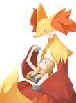  blue_eyes brown_hair delphox gen_6_pokemon highres holding_hands long_hair lying_on_lap momon_(z22222280) no_hat no_headwear pokemon pokemon_(creature) pokemon_(game) pokemon_xy red_eyes serena_(pokemon) 