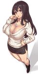  black_hair blush boots bra_strap breasts cleavage cross foreshortening from_above hands_on_hips hands_on_own_face highres houtengeki jewelry large_breasts long_hair looking_at_viewer necklace open_mouth original perspective purple_eyes ribbed_sweater skirt solo standing sweater 