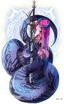 ars_goetia ass black_gloves blue_eyes character_name elbow_gloves gloves horns huge_weapon lamia long_hair looking_back monster_girl original pink_hair pointy_ears solo sud_(sudea) sword weapon 