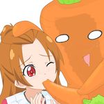  aida_mana blush brown_hair carrot cosplay dokidoki!_precure drooling eating feeding gobanme_no_mayoi_neko hand_on_another's_head highres long_hair madoka_aguri multiple_girls precure red_eyes saliva sexually_suggestive tears wince 