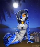  anthro avoid_posting bell breasts clothed clothing collar felicia_(tailsrulz) feline female looking_at_viewer macmegagerc mammal moon navel night one_eye_closed skimpy solo tailsrulz tiger translucent water 