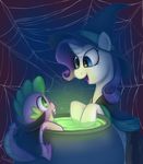  blue_eyes cape cauldron cutie_mark dragon equine female feral friendship_is_magic fur glowing green_eyes hair hat horn horse long_hair male my_little_pony open_mouth pony purple_hair rarity_(mlp) scalie smile spider_web spike_(mlp) unicorn web white_fur witch_hat xiao668 