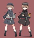  bare_legs bedovyy_(kantai_collection)_(type_1902) blush boots brown_hair coat full_body gun handgun hat kantai_collection long_sleeves looking_at_viewer military military_uniform multiple_girls multiple_views open_mouth original red_background red_eyes revision shimada_fumikane short_hair simple_background uniform weapon 