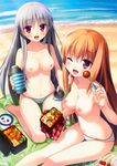  :d ;d absurdres alternate_hairstyle barefoot beach bikini blush breasts collarbone day fang food fork from_above hair_down highres kanekiyo_miwa kurano_kun_chi_no_futago_jijou kurano_mikoto kurano_tomoka long_hair looking_at_viewer meatball medium_breasts mole mole_on_breast multiple_girls navel nipples obentou one_eye_closed open_mouth orange_hair outdoors purple_eyes red_eyes scan siblings silver_hair sisters sitting smile striped striped_bikini striped_swimsuit swimsuit topless very_long_hair wariza water 