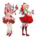  adapted_costume alternate_costume bat_wings blonde_hair blue_hair boots flandre_scarlet hat heart multiple_girls red_eyes remilia_scarlet shiro_(reptil) short_hair siblings simple_background sisters standing touhou white_background wings 