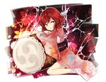  alternate_costume drum horikawa_raiko instrument japanese_clothes kimono mitsudomoe_(shape) nail_polish obi open_mouth red_eyes red_hair sash short_hair smile socks solo taiko_drum tomoe_(symbol) touhou uranaishi_(miraura) white_legwear 