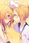  1girl bare_shoulders blonde_hair blue_eyes blush brother_and_sister embarrassed eye_contact hair_ornament hair_ribbon hairclip highres kagamine_len kagamine_rin looking_at_another necktie open_mouth ribbon sailor_collar short_hair siblings tears temari_(deae) twins vocaloid yellow_neckwear 