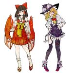  adapted_costume alternate_costume blonde_hair blush bow brown_hair cat gloves hair_bow hair_tubes hakurei_reimu hat high_heels kirisame_marisa long_hair multiple_girls one_eye_closed open_mouth purple_eyes sandals shiro_(reptil) simple_background thighhighs touhou white_background witch_hat 