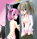  3girls back black_hair blue_eyes blush breasts collarbone food_print grey_hair hair_bobbles hair_ornament ichimi kantai_collection kumano_(kantai_collection) locker locker_room long_hair long_sleeves looking_at_viewer looking_back medium_breasts multiple_girls nagato_(kantai_collection) navel open_clothes open_mouth open_shirt panties pink_eyes pink_hair pink_panties ponytail print_panties sazanami_(kantai_collection) shirt small_breasts strawberry_panties strawberry_print sweatdrop topless underwear underwear_only undressing very_long_hair white_panties 