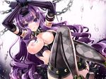  areolae argyle argyle_legwear arms_up bad_id bad_pixiv_id bdsm black_gloves blush bondage bound breasts chain chained cosmos_(the_crying_moon) elbow_gloves garter_straps gloves grey_legwear large_breasts long_hair nipples open_mouth original purple_eyes purple_hair smile solo thighhighs 