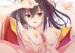  1boy 1girl absurdres armpits arms_up azur_lane bed_sheet black_hair blush breast_grab breasts clothed_sex deep_skin eyebrows_visible_through_hair grabbing hair_between_eyes hair_ornament hair_ribbon hand_on_own_head hetero highres japanese_clothes kimono large_breasts long_hair looking_at_viewer lying nipples on_back open_mouth paizuri penis pov red_eyes ribbon segaxtu solo_focus sweat taihou_(azur_lane) twintails uncensored 