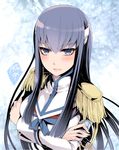  blue_eyes blue_hair blush breasts crossed_arms epaulettes junketsu kill_la_kill kiryuuin_satsuki kotoji lips long_hair long_sleeves medium_breasts school_uniform 