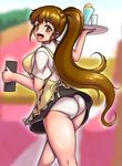  apron ass breasts brown_eyes brown_hair drink highres large_breasts long_hair open_mouth orizen panties ponytail skirt smile solo taneshima_popura tray underwear waitress working!! 