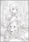  ahoge animal artoria_pendragon_(all) breasts cleavage_cutout dress fate/stay_night fate_(series) greyscale hair_bun hair_ribbon lion long_sleeves monochrome petting puffy_long_sleeves puffy_sleeves ribbon saber sidelocks sitting small_breasts smile tusia 