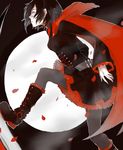  black_hair boots cape corset full_moon grey_eyes kisechu moon pale_skin pantyhose ruby_rose rwby scythe short_hair skirt smile solo weapon 