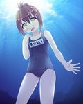  air_bubble bad_id bad_pixiv_id bare_legs breath brown_hair bubble covered_navel folded_ponytail hair_ornament hairclip inazuma_(kantai_collection) kantai_collection long_hair name_tag one-piece_swimsuit open_mouth school_swimsuit solo swimsuit totokichi underwater yellow_eyes 