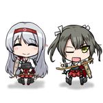  :d blush boots bow_(weapon) chibi ine_(karategoukun) japanese_clothes kantai_collection long_hair multiple_girls muneate open_mouth pleated_skirt shoukaku_(kantai_collection) silver_hair skirt smile thigh_boots thighhighs twintails weapon white_background yellow_eyes zettai_ryouiki zuikaku_(kantai_collection) 