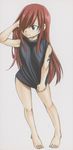  1girl barefoot child erza_scarlet fairy_tail feet hair_over_one_eye mashima_hiro official_art red_hair tattoo toes young younger 