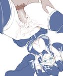  armpits ashe_(league_of_legends) blue_eyes blush breasts covered_nipples cum cum_in_pussy elbow_gloves gloves highres hood kumiko_shiba large_breasts league_of_legends long_hair male_pubic_hair no_panties overflow parted_lips penis pubic_hair sex simple_background solo_focus tears thighhighs upside-down vaginal wavy_mouth white_background white_hair 