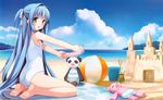  beach blue_hair blush cube flat_chest green_eyes kanekiyo_miwa kurano-kunchi_no_futago_jijou kurano_ema long_hair sky swimsuit 